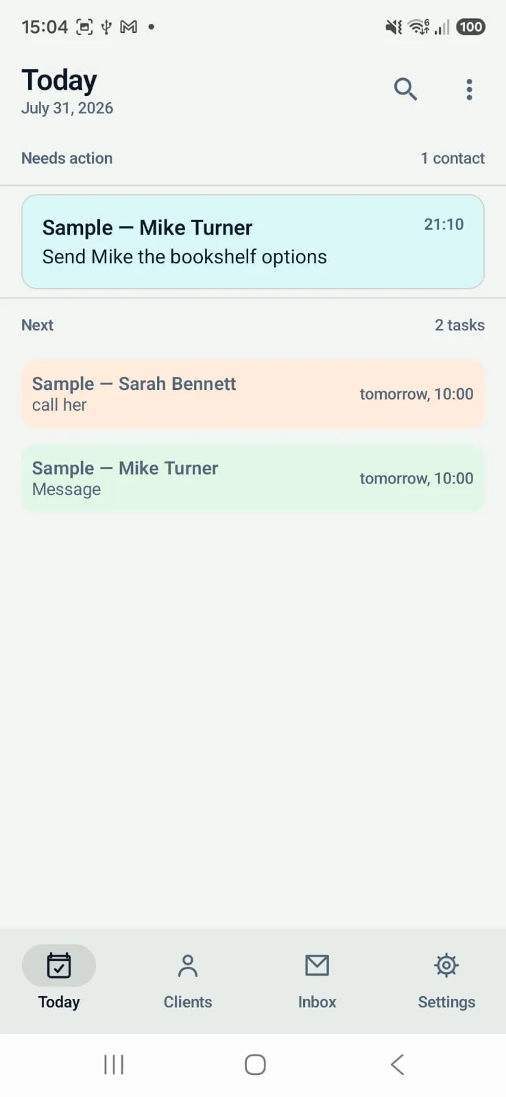 Today screen: overdue and upcoming contacts
