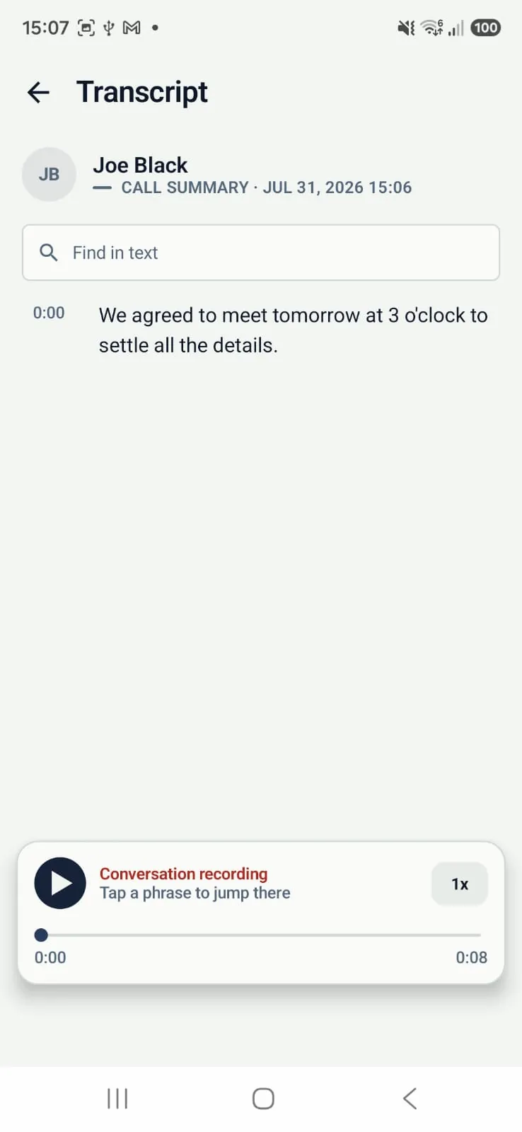 Call transcript with a player and search in text
